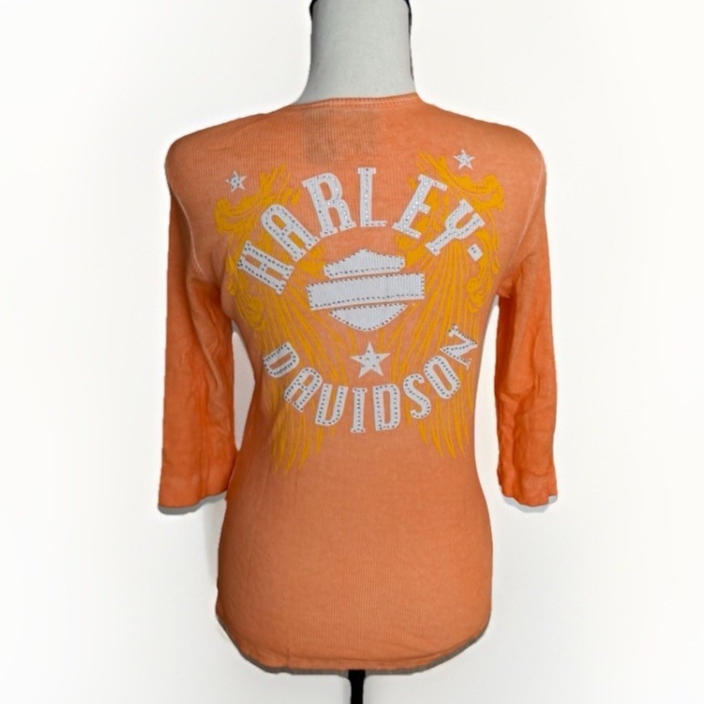 Harley Davidson Ribbed Y2K Orange Henley Top Womens Small Biker - Picture 3 of 8